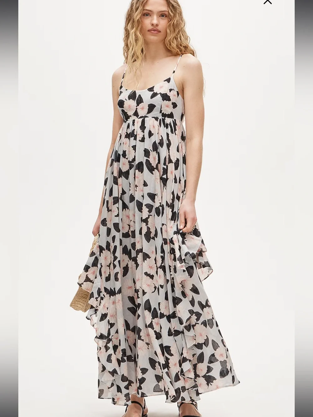 J. Crew Oyster Grey‎ Ruffle Maxi Dress Peony Print 100% Organic Cotton Large NWT